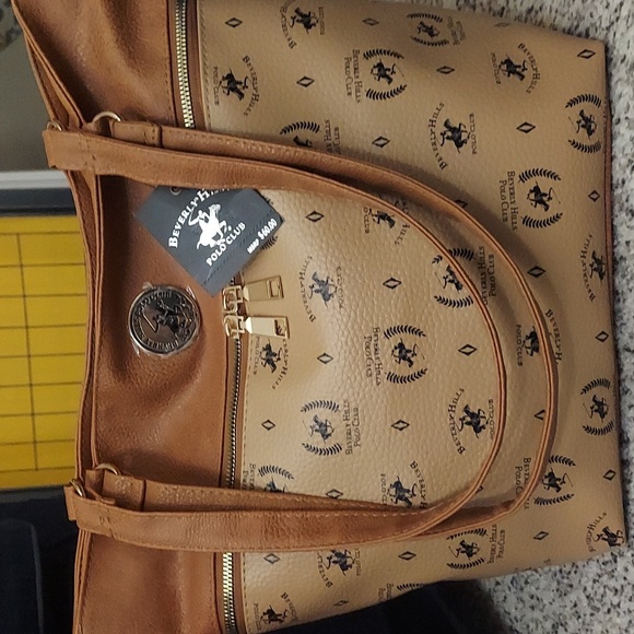 Beverly Hills Polo Club Handbags - Beverly Hills Polo Club Tan Signature Monogram Faux Leather Tote Bag